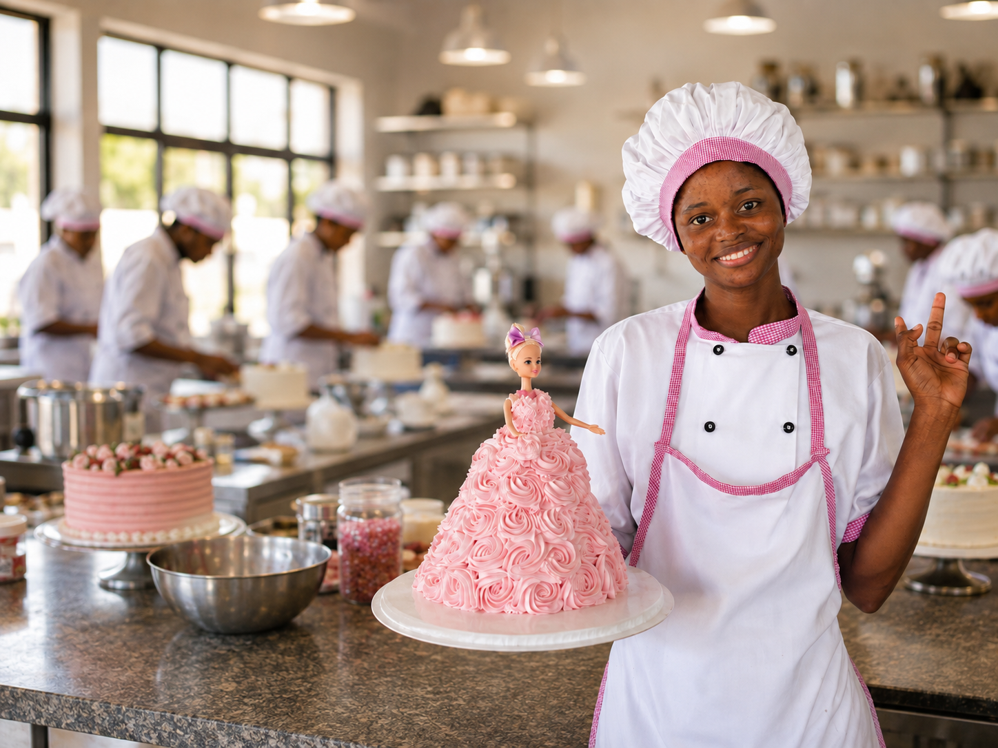 A BB Deco pastry student presenting a decorated cake in the training kitchen